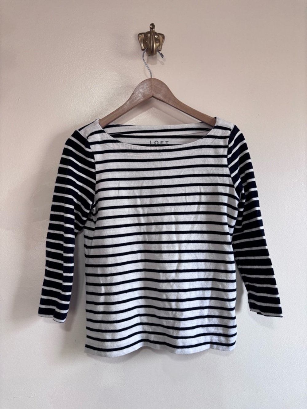 LOFT Navy and White Striped Boatneck Long Sleeve Top 100% Cotton size XS